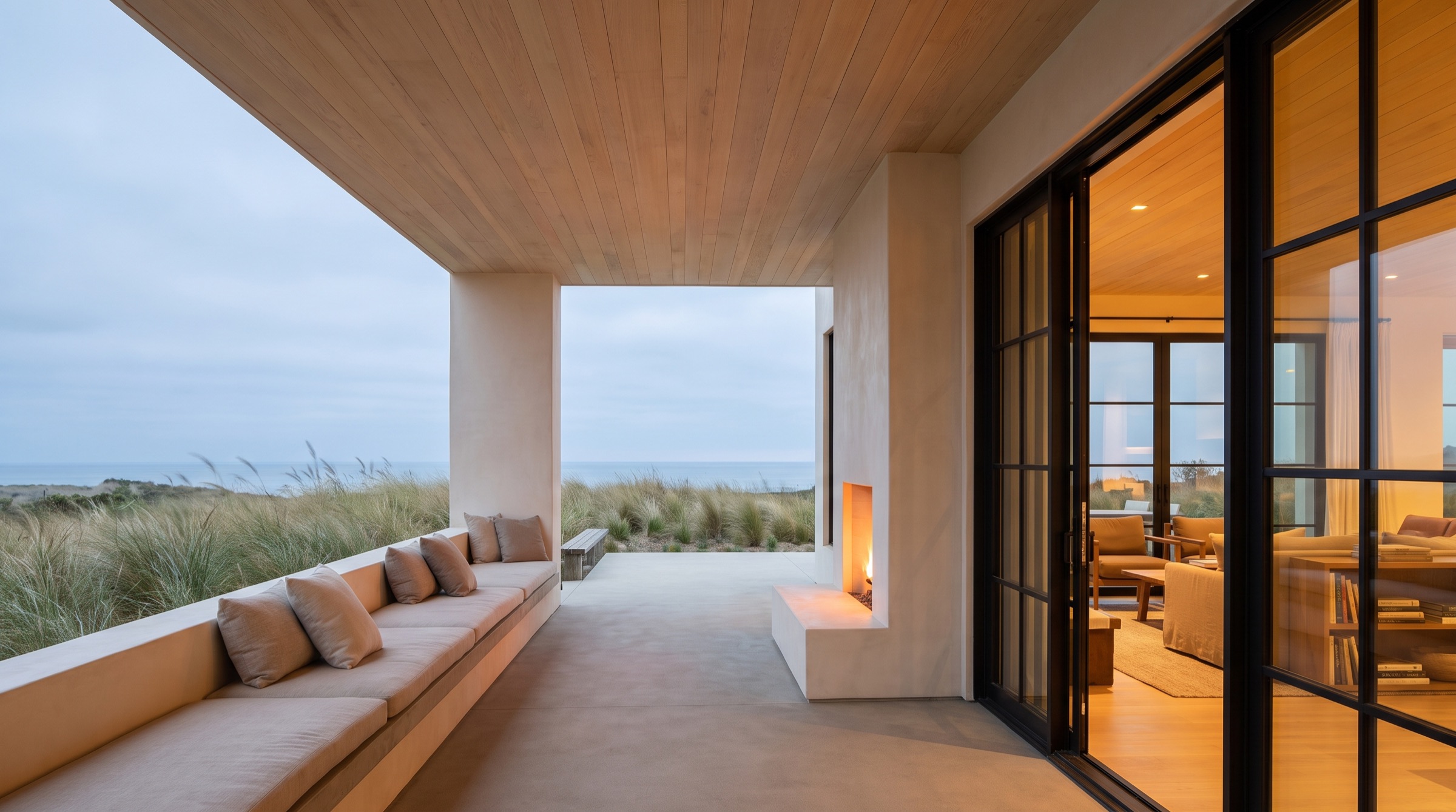 A covered coastal terrace at dusk, with a glowing outdoor fireplace and open steel doors to a warmly lit interior.