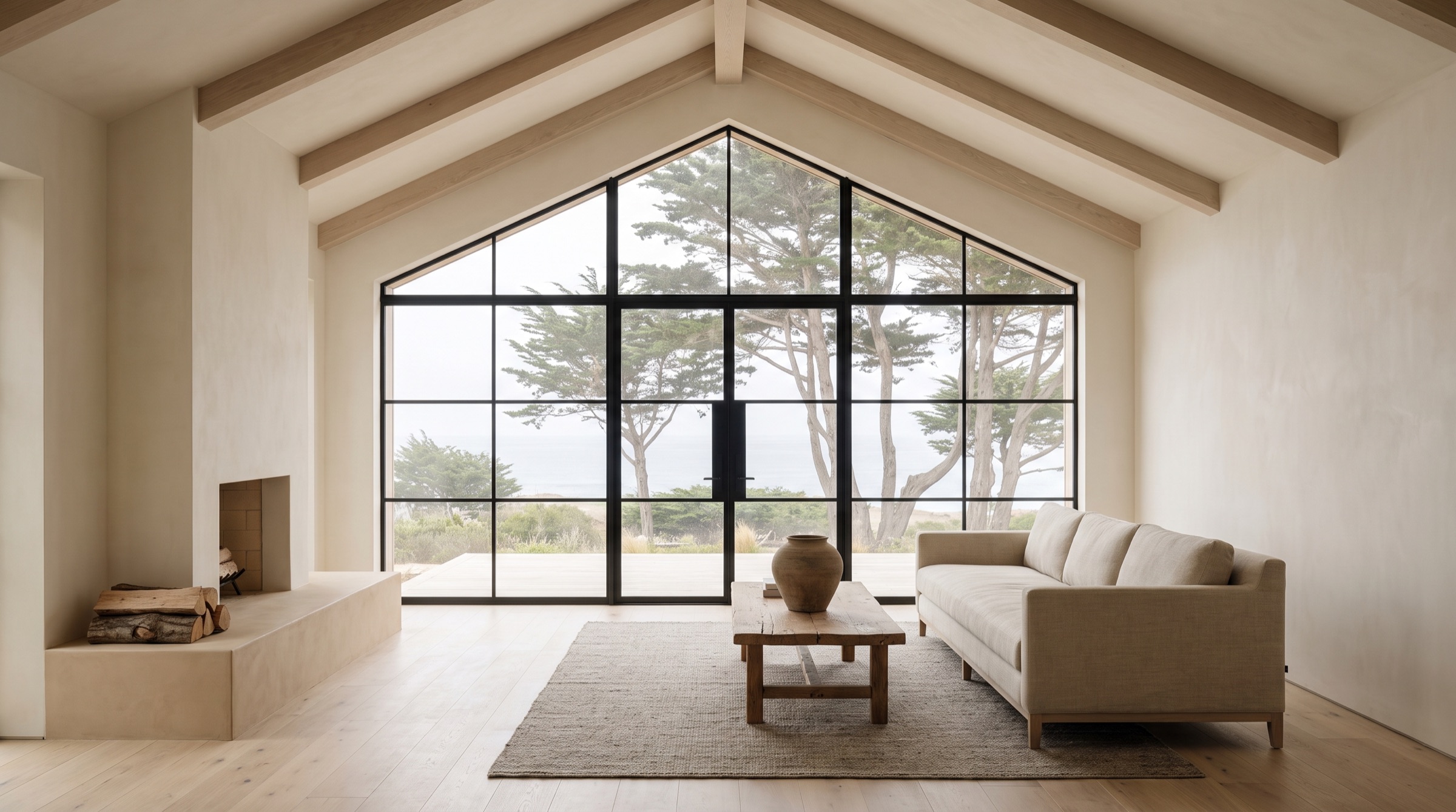 A vaulted coastal modern living room with a full-height steel window wall looking out to cypress trees and the ocean.