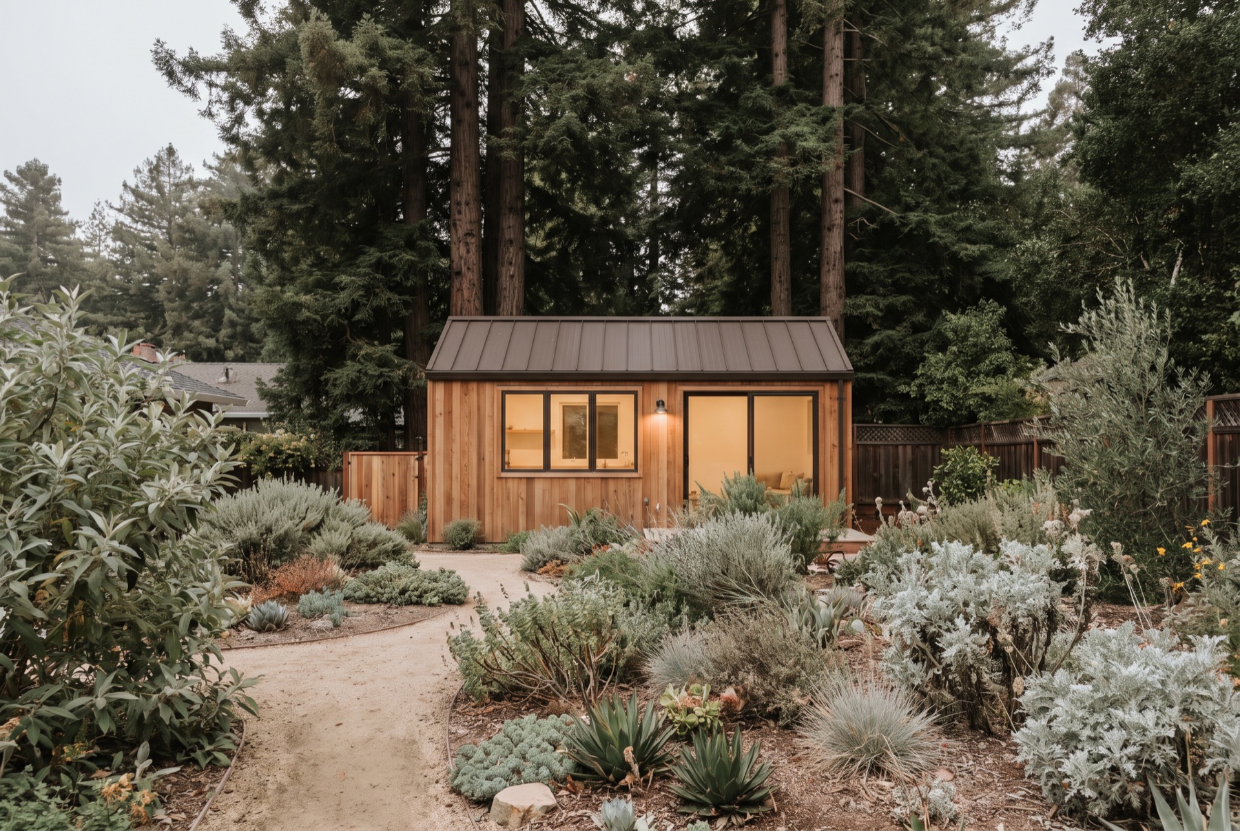 A newly built cedar accessory dwelling unit at the rear of a Santa Cruz garden.