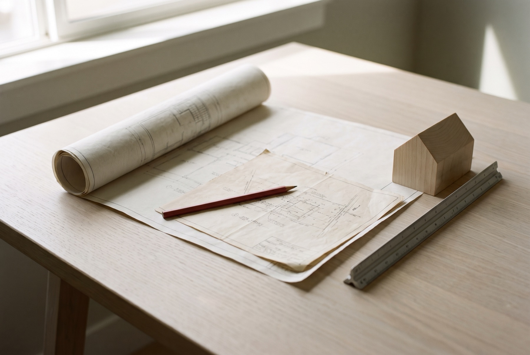 Architectural drawings, a red pencil and a small basswood model of a gabled house on a pale oak desk.