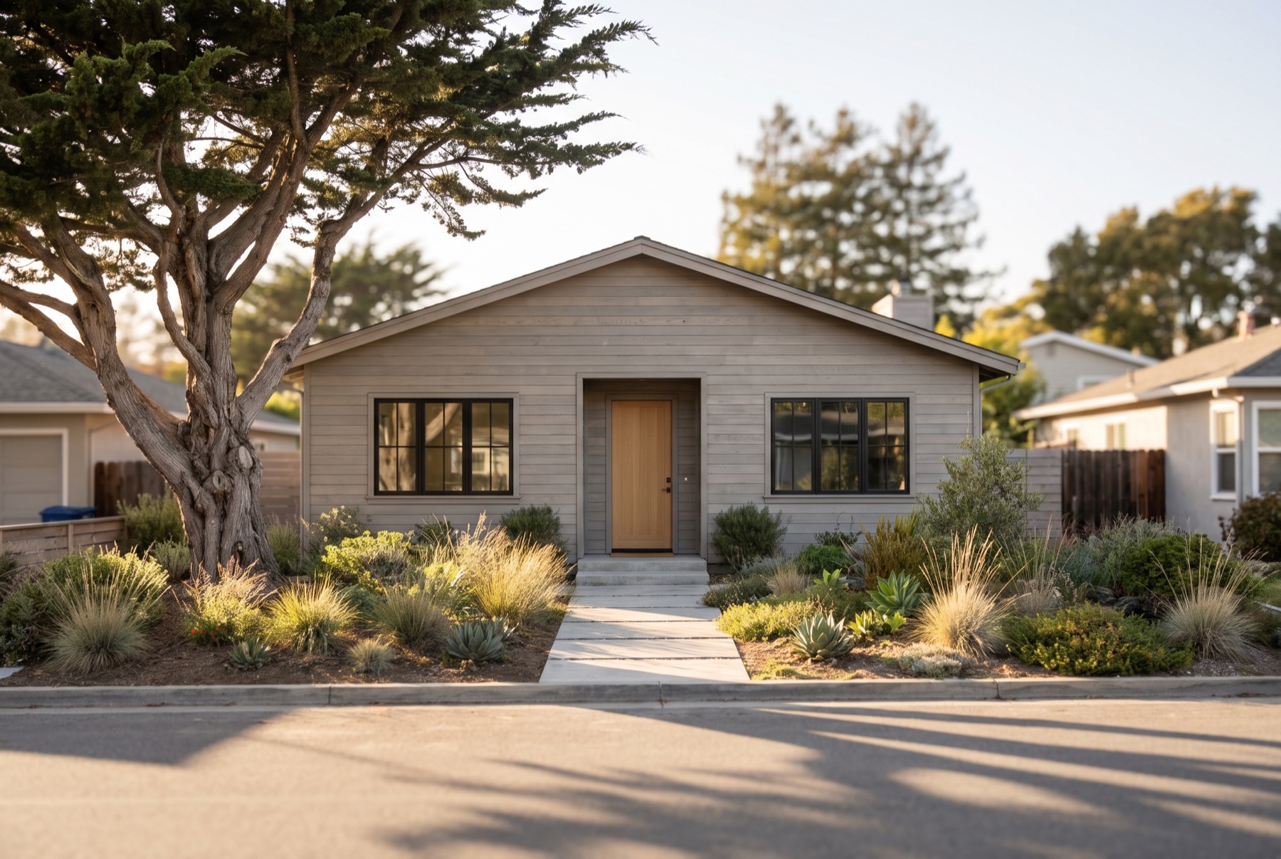 A renovated home with grey siding, black steel windows and a board-formed concrete path on a Santa Cruz street.