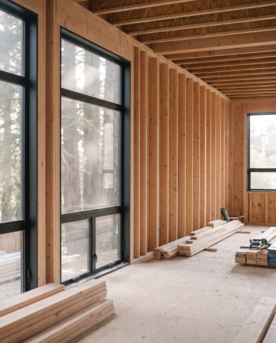 The interior of a beautifully framed addition, with new steel window openings looking out to redwoods.