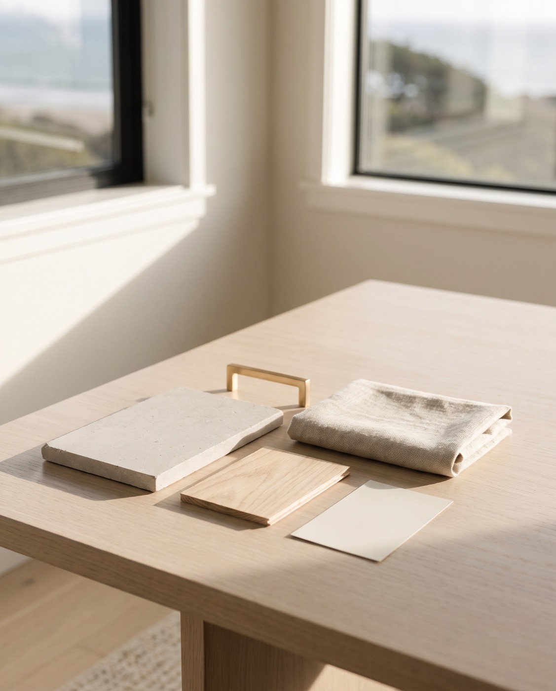 Limestone, white oak, brass and linen material samples laid out on a pale oak table in coastal window light.