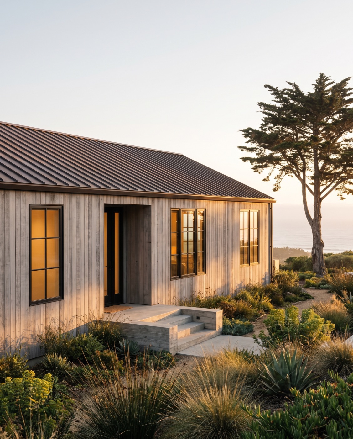 A low-slung coastal modern home with weathered cedar siding and a bronze metal roof at golden hour.