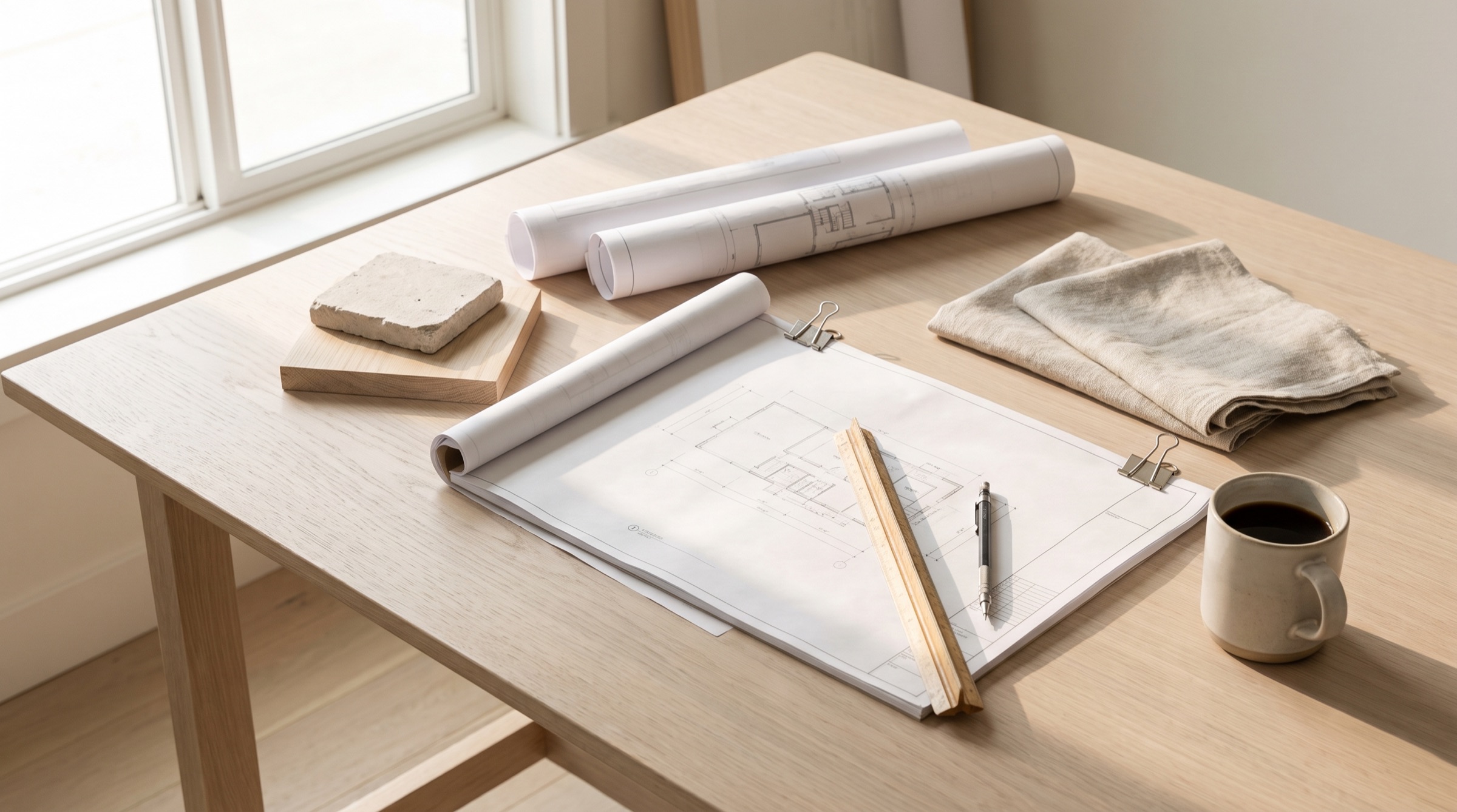 Rolled architectural drawings, a scale rule, material samples and a mug of coffee on a pale oak studio table.
