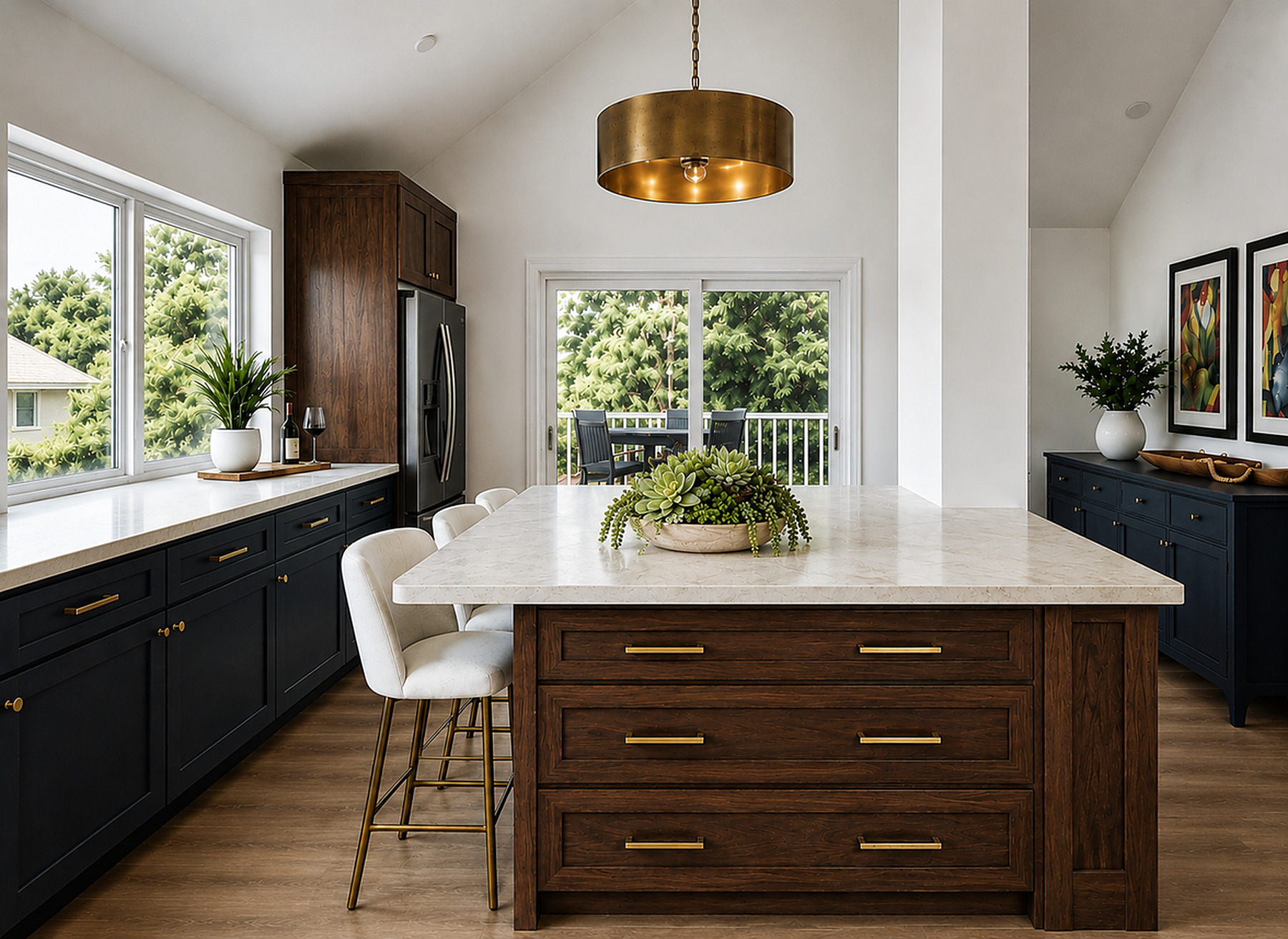 The finished Seacliff kitchen: navy cabinetry, a walnut island with brass pulls and honed quartzite counters, with sliding doors out to a deck.
