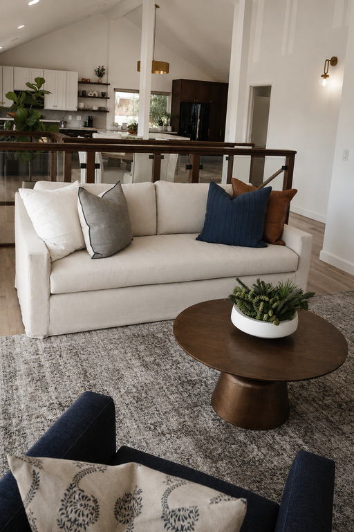 A pale sofa and round walnut coffee table in the renovated living room, with glass and wood railings opening through to the kitchen.