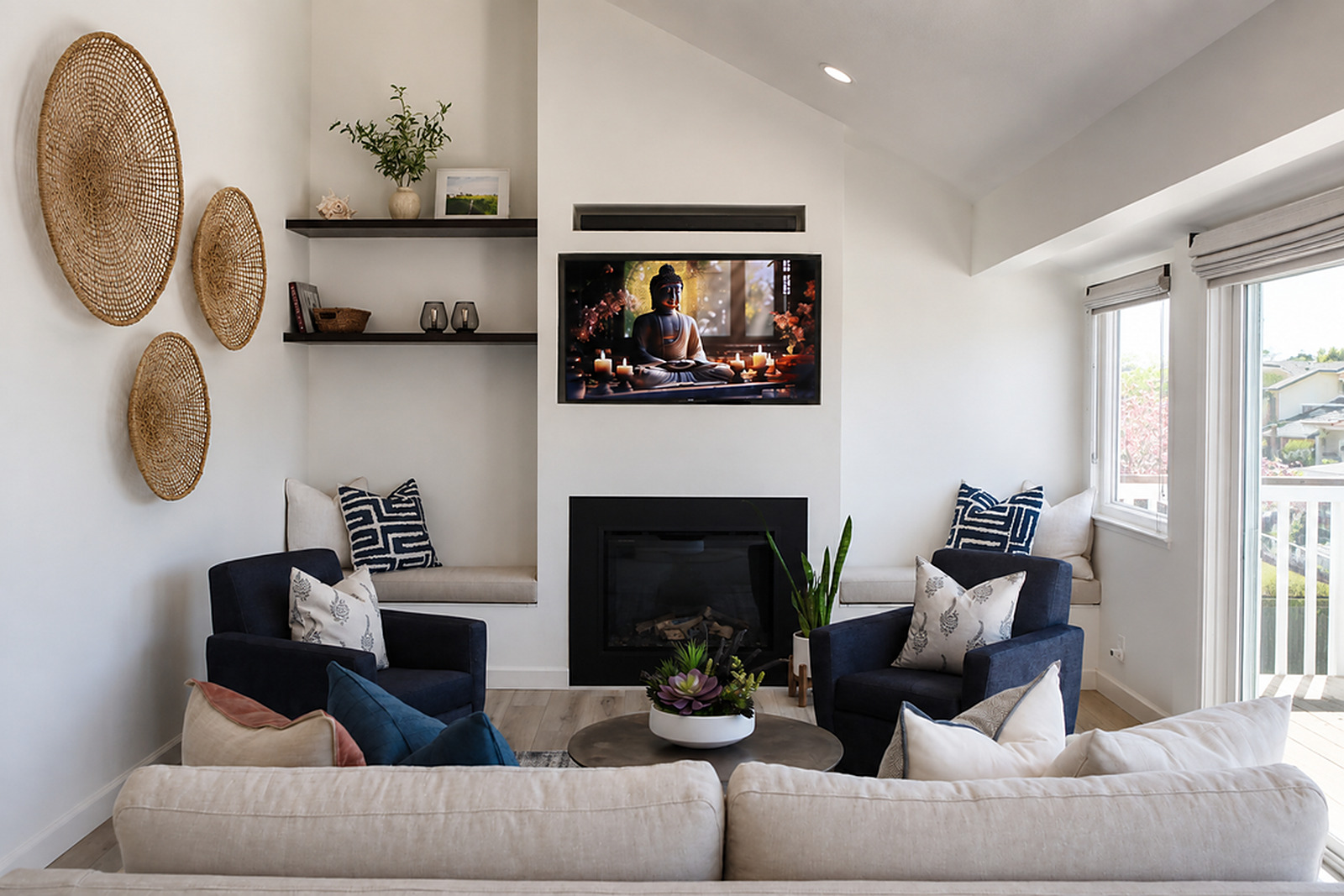 The finished Seacliff living room: an electric fireplace framed in white with floating shelves and navy armchairs.