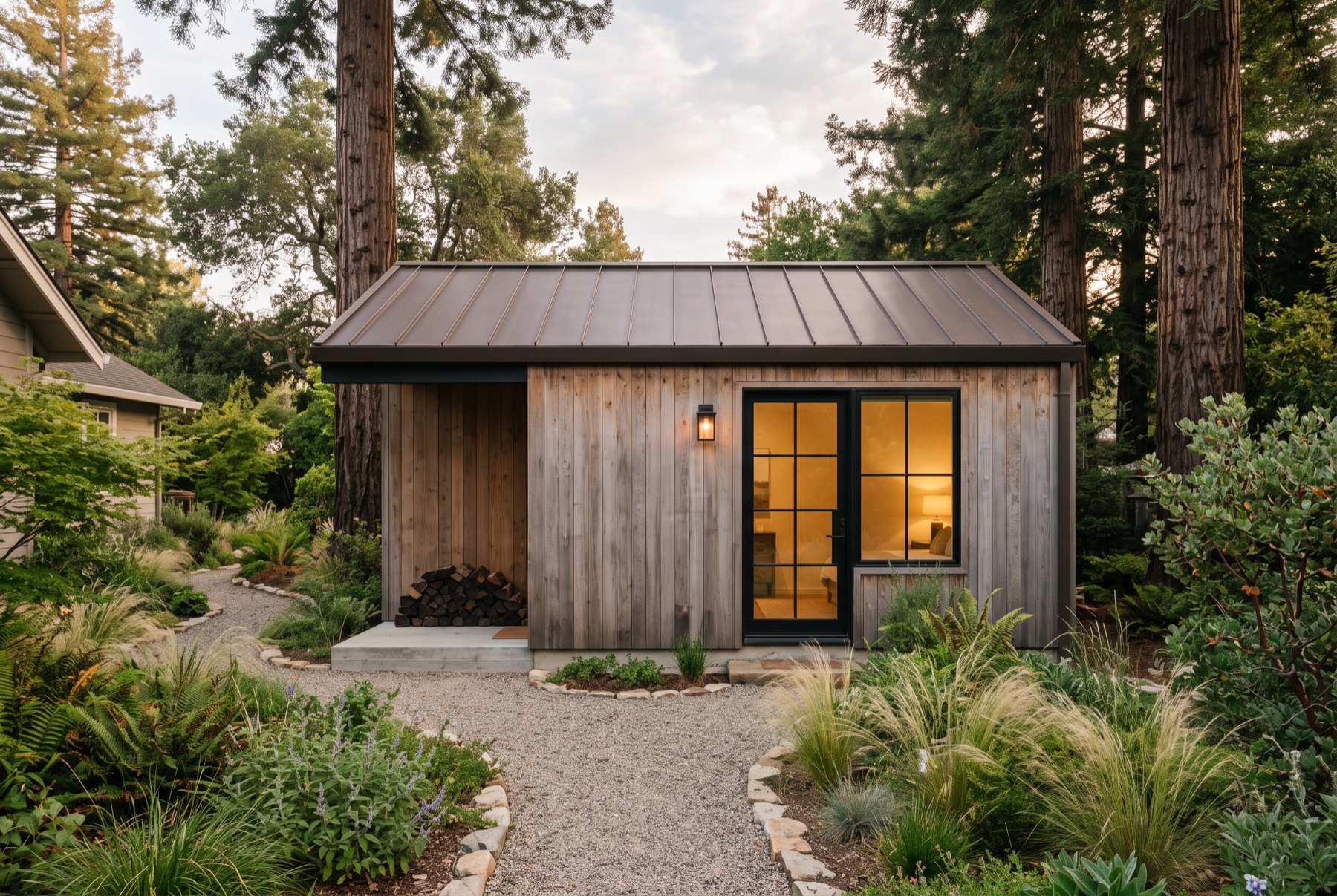 A small cedar-clad accessory dwelling unit with a bronze roof, set among redwoods and coastal planting.