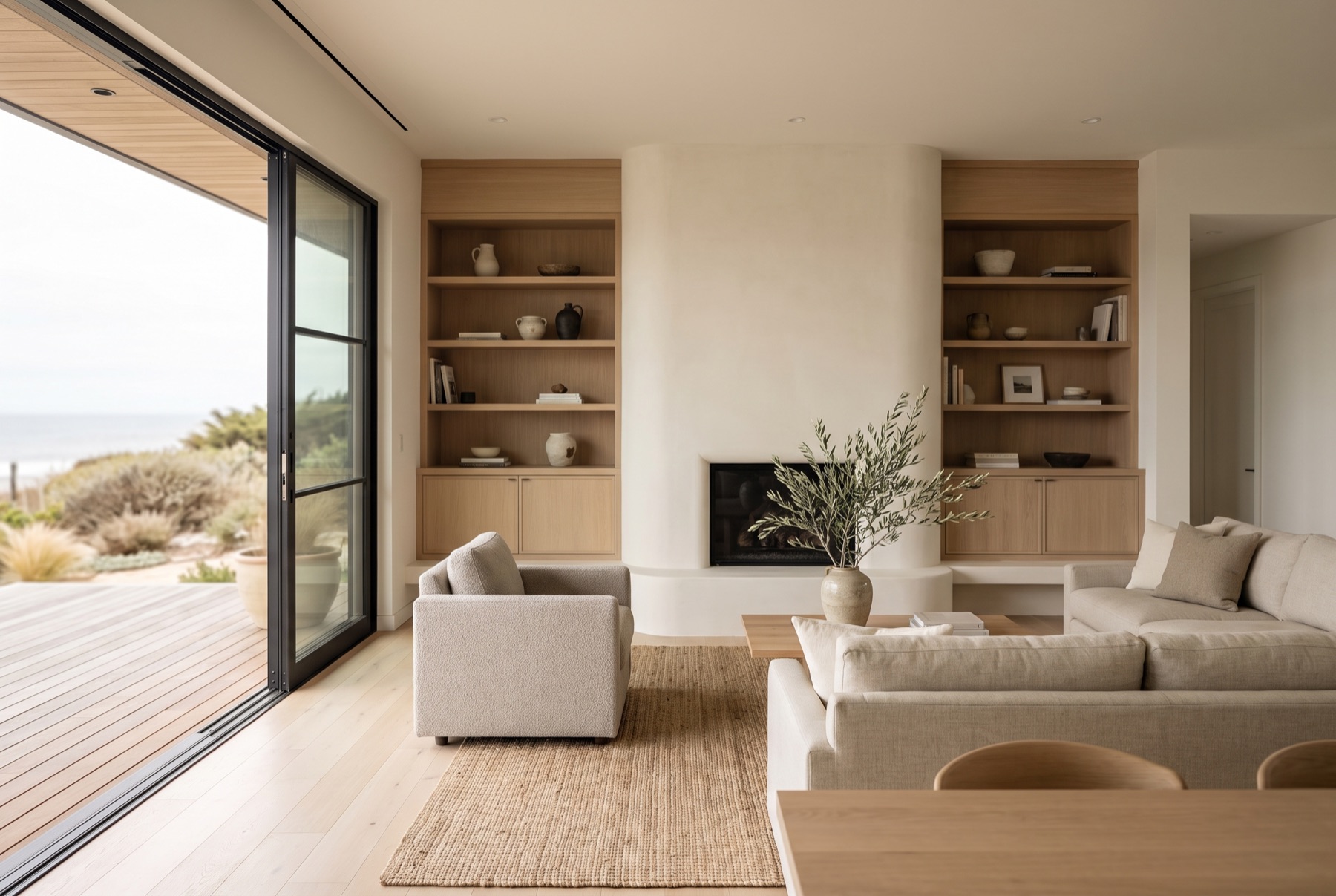 An open living room with white oak built-ins, a plastered fireplace and steel sliding doors opening to a coastal terrace.